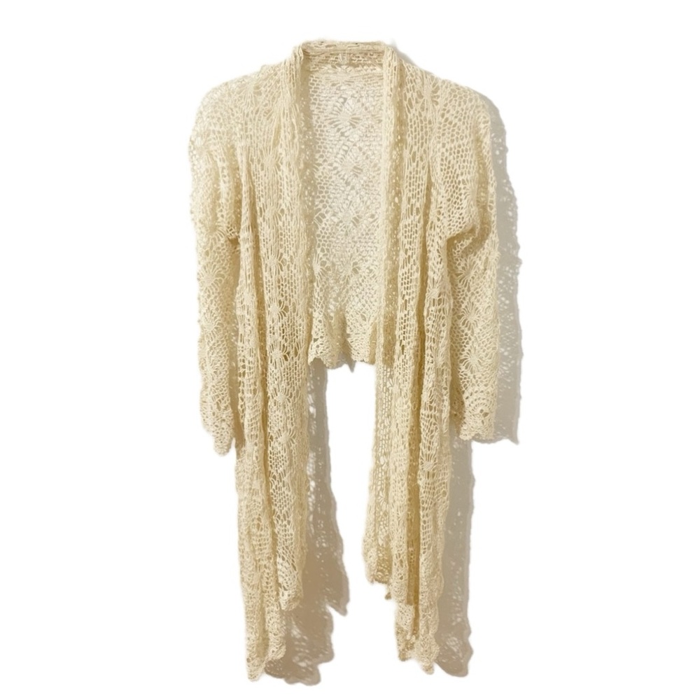 Unbranded Fully Crocheted Lacey Waterfall Cardigan Sweater Scalloped Hem & Cuffs